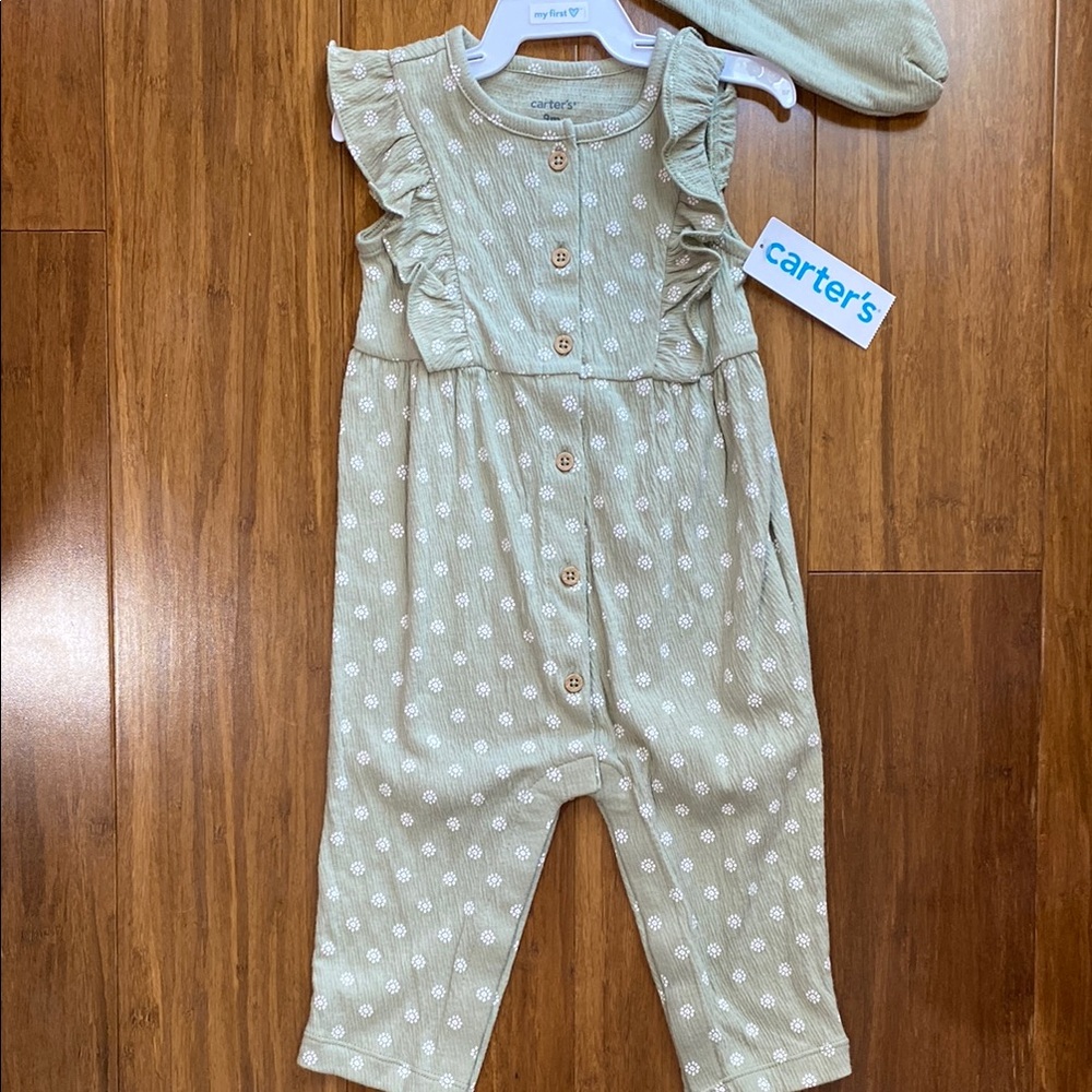Carter's Green Ruffle Jumpsuit with headband
